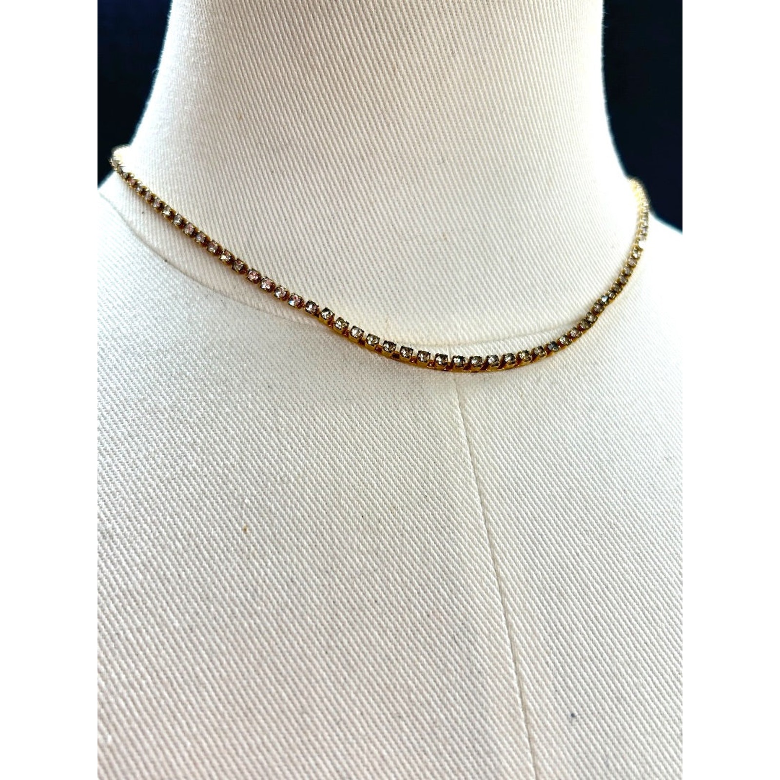 Goldtone Necklace Rhinestone 16 Inch Bar Foldover Clasp Goldtone Necklace Rhinestone 16 Inch Bar Foldover Clasp
